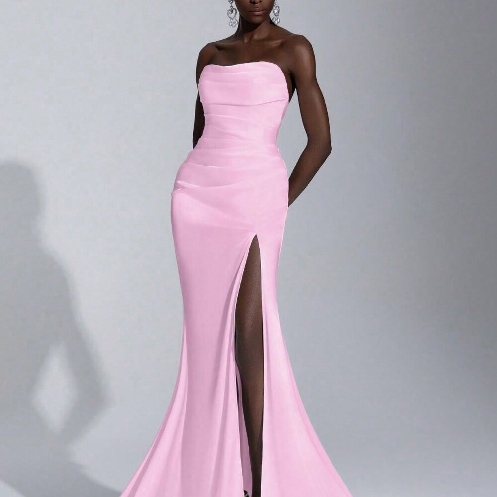 Baby Pink Elegant Women's High Slit Sweep Train Tube Top Wedding Dress